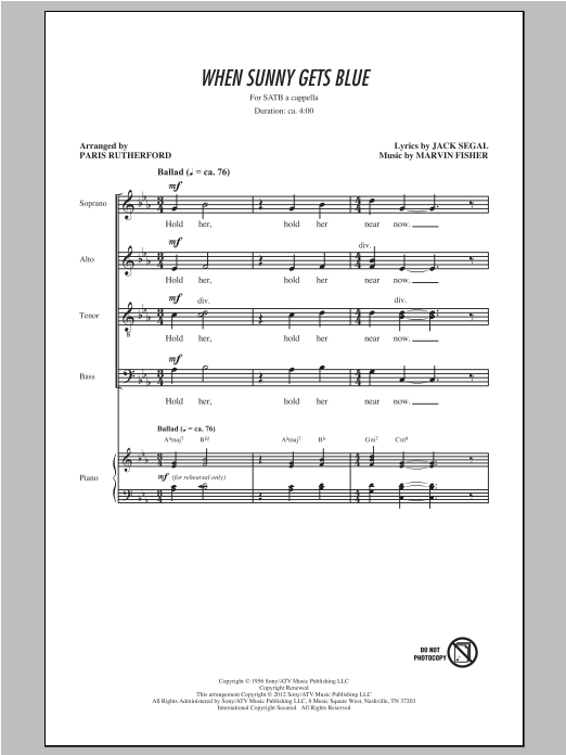Download Johnny Mathis When Sunny Gets Blue (arr. Paris Rutherford) Sheet Music and learn how to play SATB PDF digital score in minutes