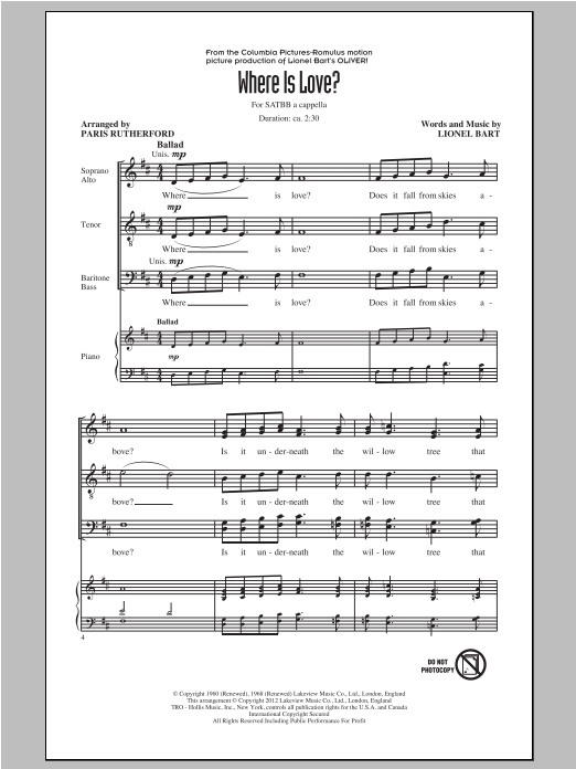 Download Lionel Bart Where Is Love? (arr. Paris Rutherford) Sheet Music and learn how to play SATB PDF digital score in minutes