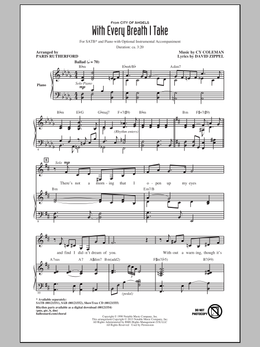 Download Cy Coleman With Every Breath I Take (arr. Paris Rutherford) Sheet Music and learn how to play SAB PDF digital score in minutes