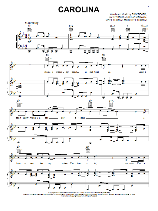 Download Parmalee Carolina Sheet Music and learn how to play Piano, Vocal & Guitar (Right-Hand Melody) PDF digital score in minutes
