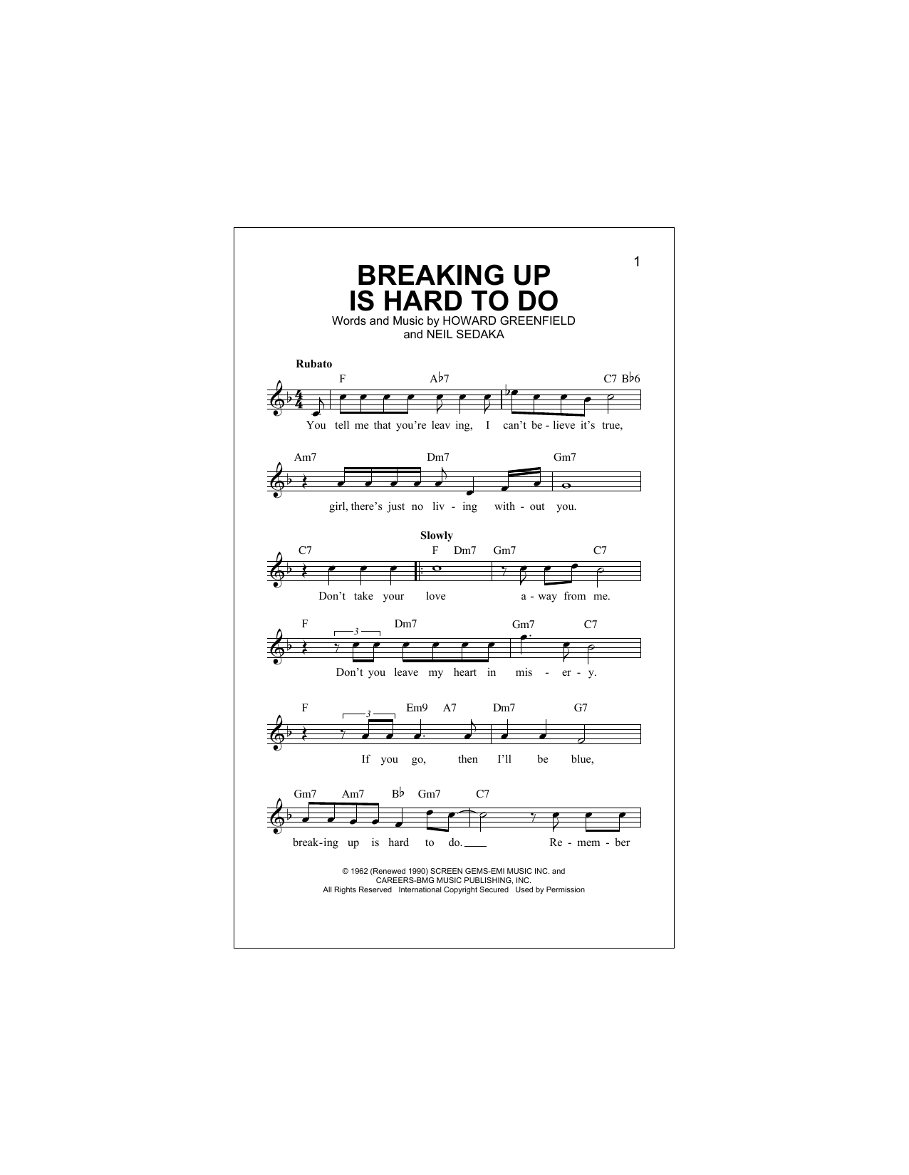 Download Partridge Family Breaking Up Is Hard To Do Sheet Music and learn how to play Melody Line, Lyrics & Chords PDF digital score in minutes
