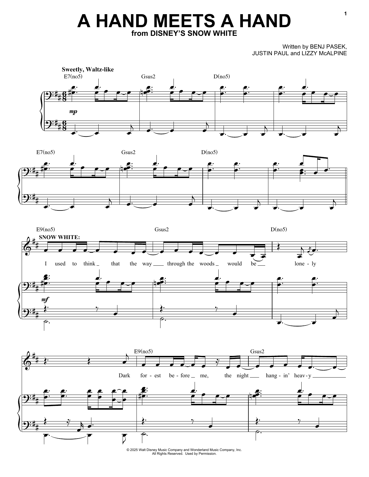 Download Pasek & Paul A Hand Meets A Hand (from Snow White) (2025) Sheet Music and learn how to play Piano & Vocal PDF digital score in minutes