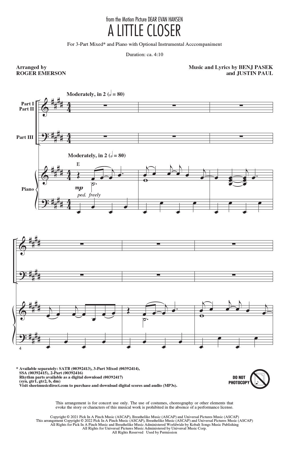 Download Pasek & Paul A Little Closer (from Dear Evan Hansen) (arr. Roger Emerson) Sheet Music and learn how to play SSA Choir PDF digital score in minutes