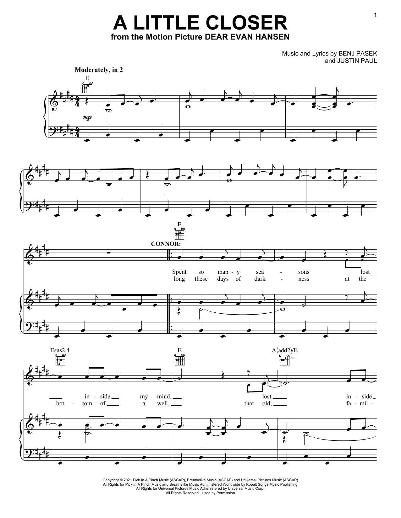 Download Pasek & Paul A Little Closer (from Dear Evan Hansen) Sheet Music and learn how to play Piano & Vocal PDF digital score in minutes