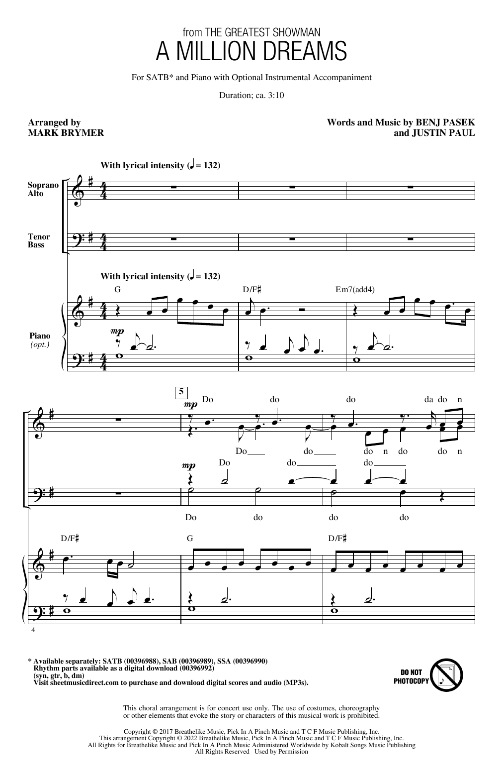 Download Pasek & Paul A Million Dreams (from The Greatest Showman) (arr. Mark Brymer) Sheet Music and learn how to play SATB Choir PDF digital score in minutes
