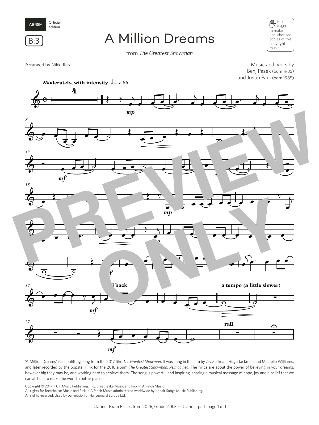 Download Pasek & Paul A Million Dreams (Grade 2, list B3, from the ABRSM Clarinet Syllabus from 2026) Sheet Music and learn how to play Clarinet Solo PDF digital score in minutes