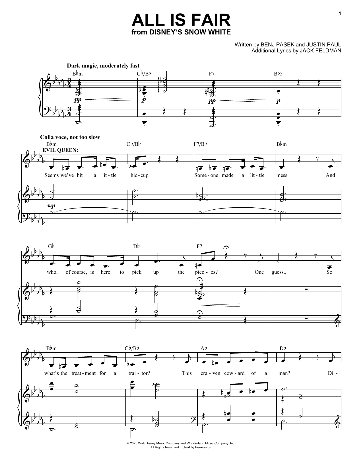 Download Pasek & Paul All Is Fair (from Snow White) (2025) Sheet Music and learn how to play Piano & Vocal PDF digital score in minutes