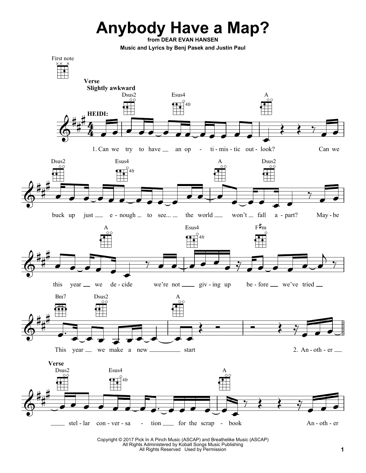 Download Pasek & Paul Anybody Have A Map? (from Dear Evan Hansen) Sheet Music and learn how to play Ukulele PDF digital score in minutes