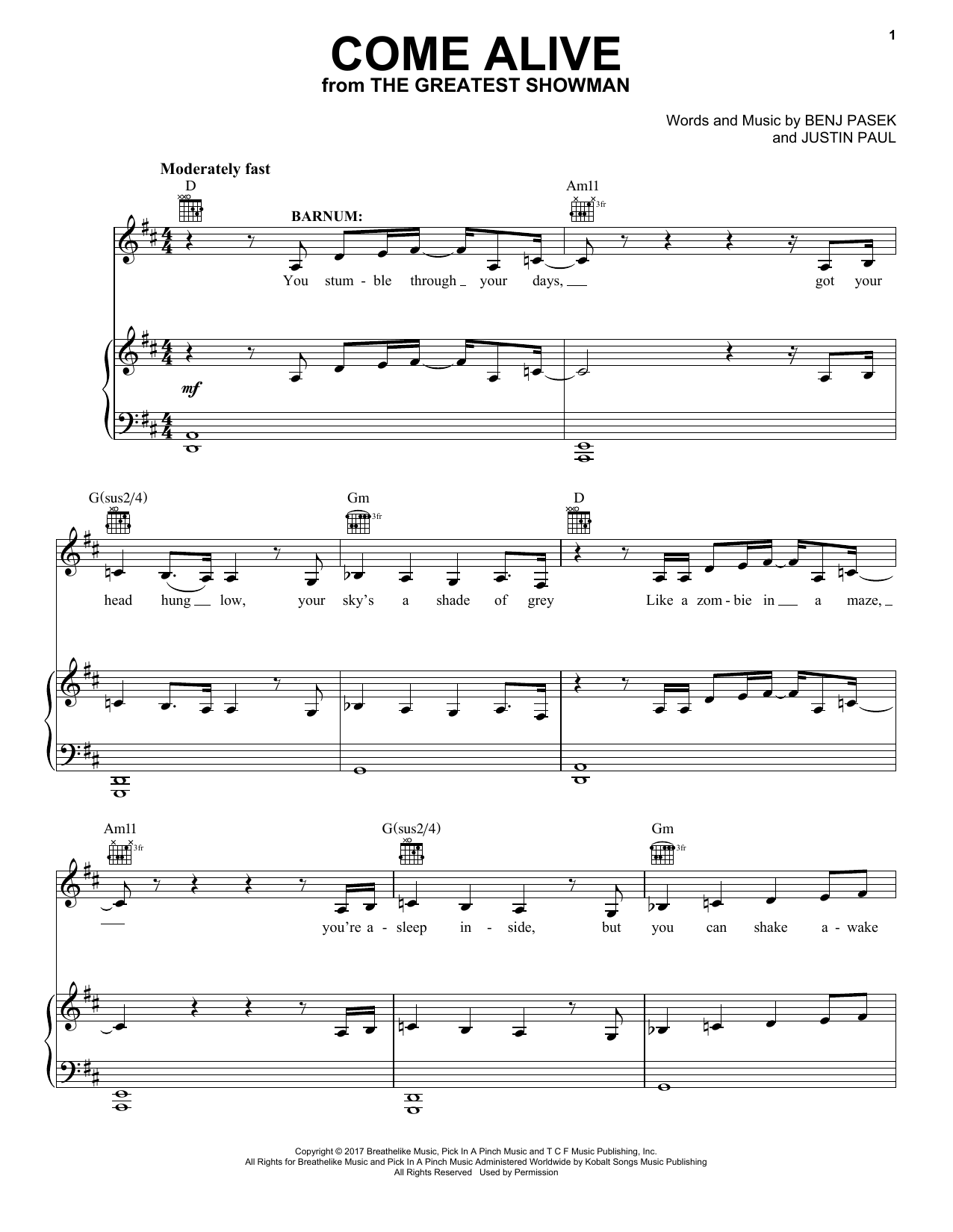 Download Pasek & Paul Come Alive (from The Greatest Showman) Sheet Music and learn how to play Guitar Chords/Lyrics PDF digital score in minutes