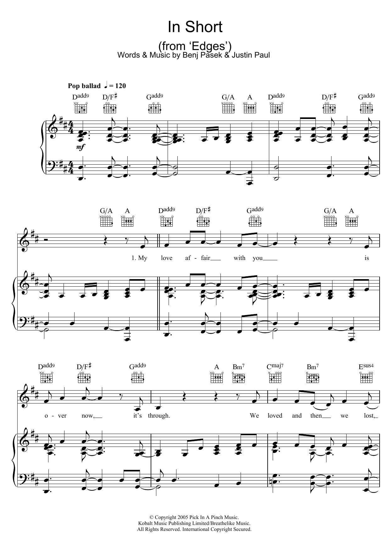Download Pasek & Paul In Short (from Edges) Sheet Music and learn how to play Piano, Vocal & Guitar PDF digital score in minutes