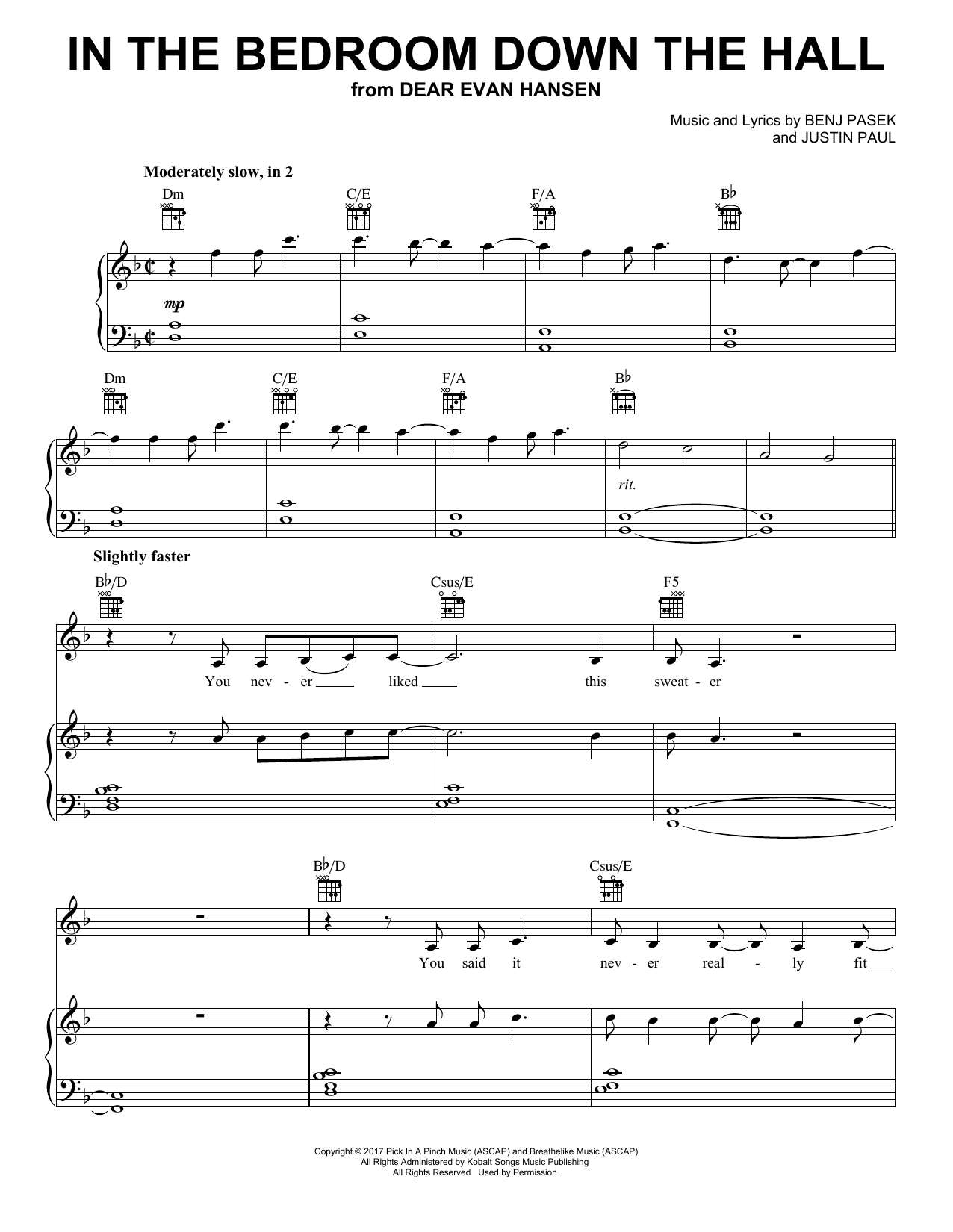 Download Pasek & Paul In The Bedroom Down The Hall (from Dear Evan Hansen) Sheet Music and learn how to play Piano, Vocal & Guitar Chords (Right-Hand Melody) PDF digital score in minutes