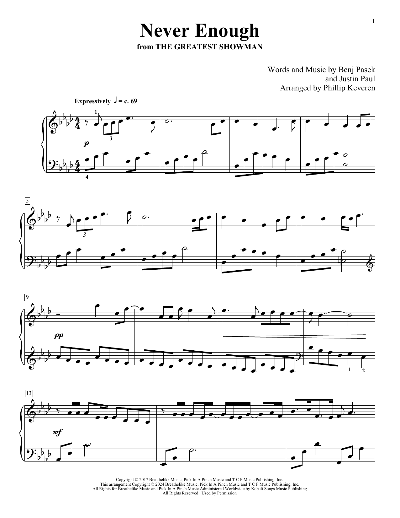 Download Pasek & Paul Never Enough (from The Greatest Showman) (arr. Phillip Keveren) Sheet Music and learn how to play Piano Solo PDF digital score in minutes