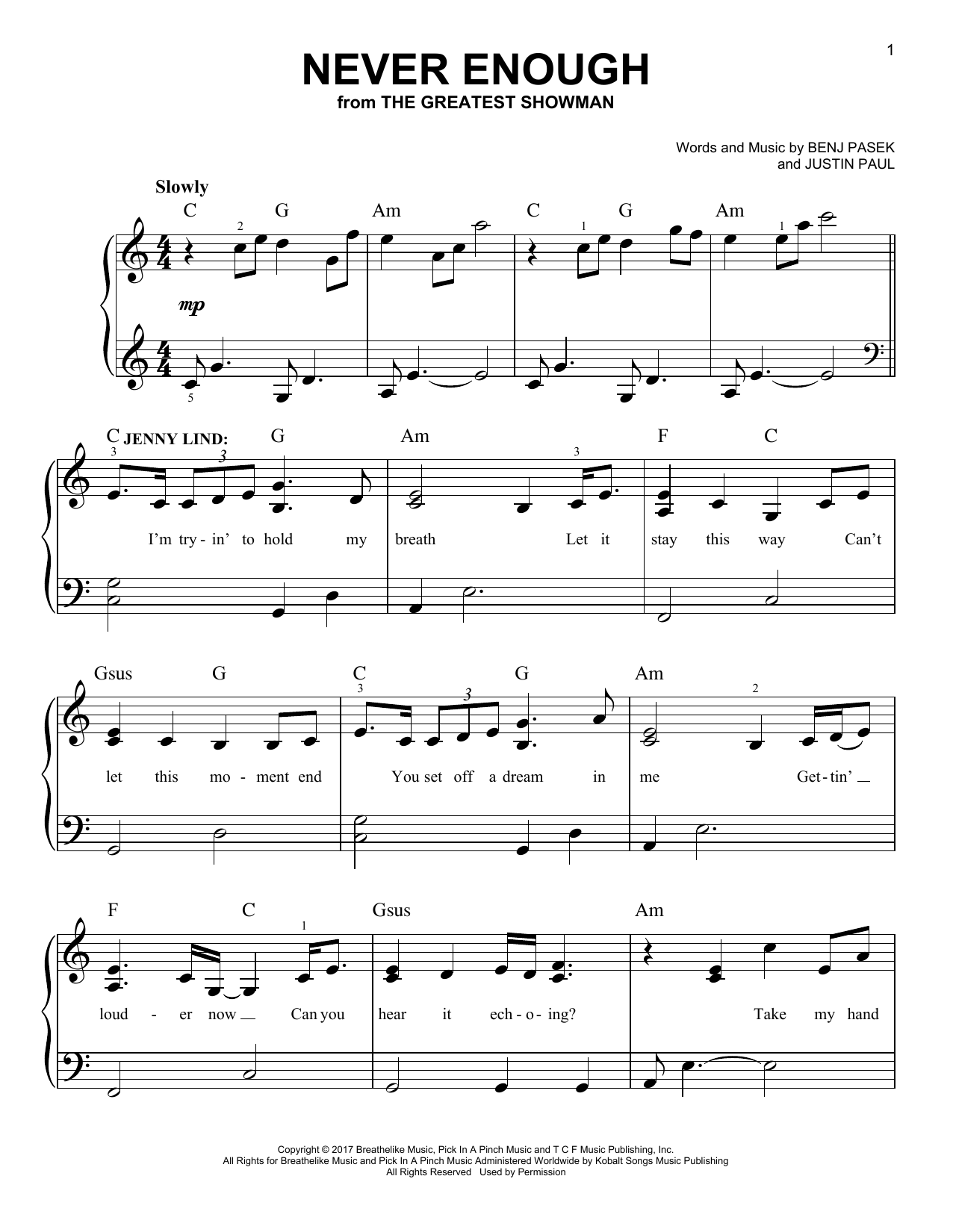 Download Pasek & Paul Never Enough (from The Greatest Showman) Sheet Music and learn how to play Easy Piano PDF digital score in minutes