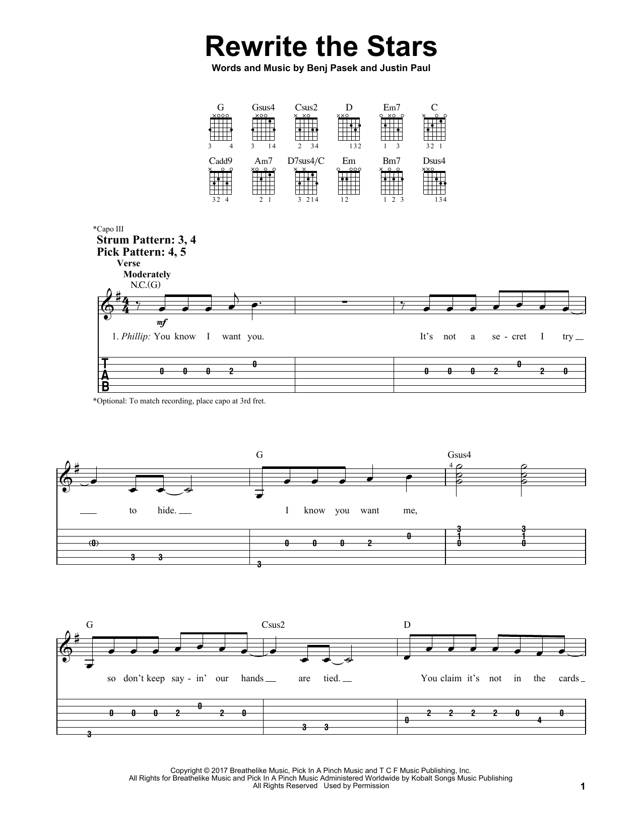 Download Pasek & Paul Rewrite The Stars Sheet Music and learn how to play Easy Guitar Tab PDF digital score in minutes