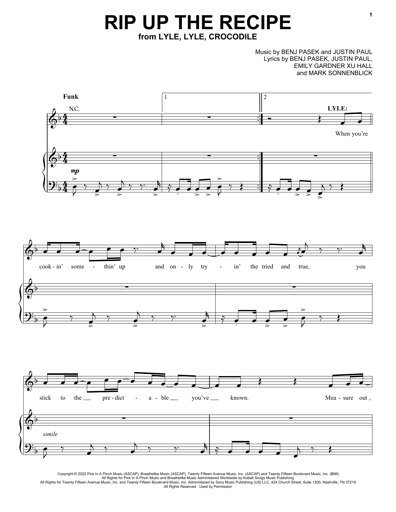 Download Pasek & Paul Rip Up The Recipe (from Lyle, Lyle, Crocodile) Sheet Music and learn how to play Piano, Vocal & Guitar Chords (Right-Hand Melody) PDF digital score in minutes