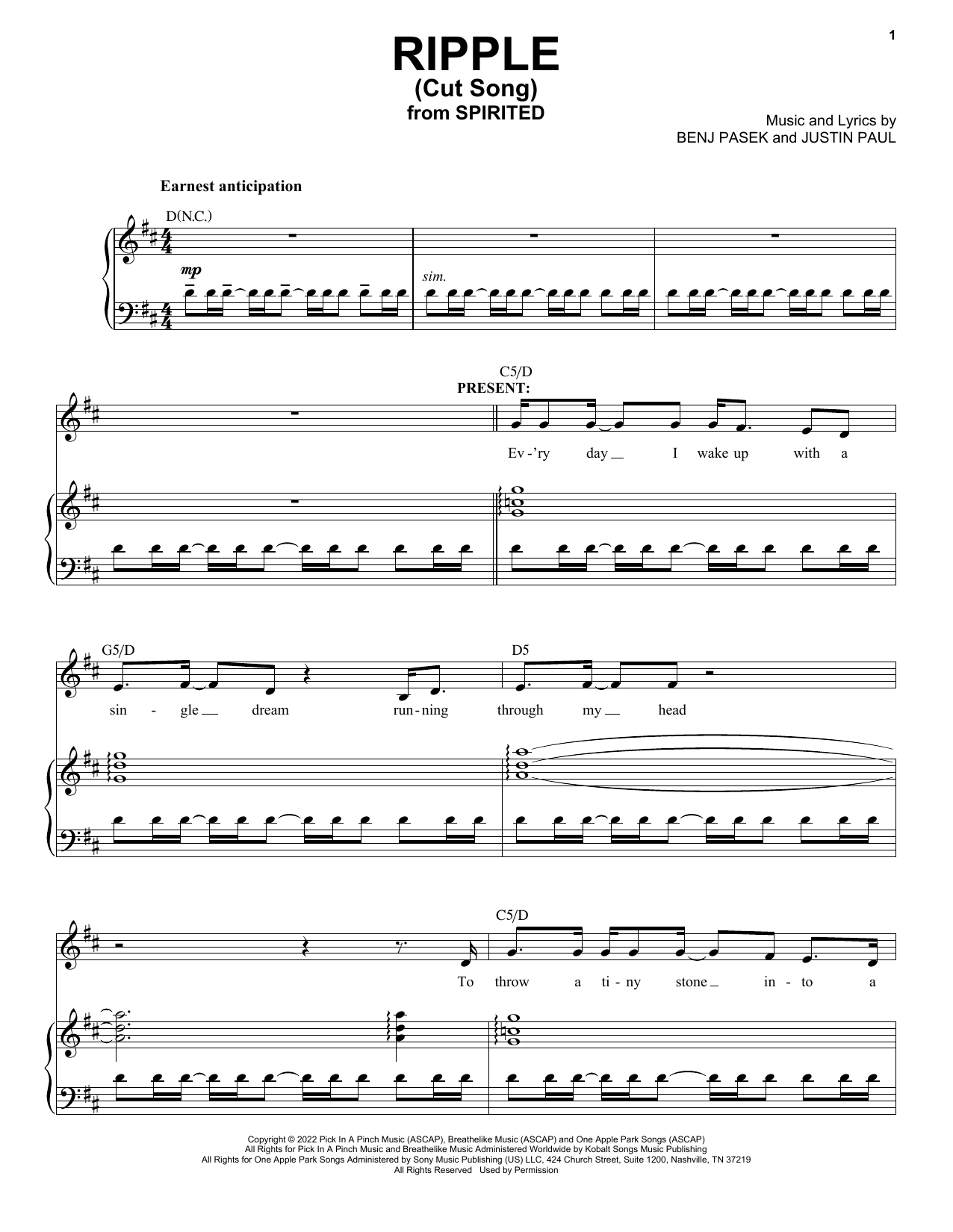 Download Pasek & Paul Ripple (Cut Song) (from Spirited) Sheet Music and learn how to play Piano & Vocal PDF digital score in minutes