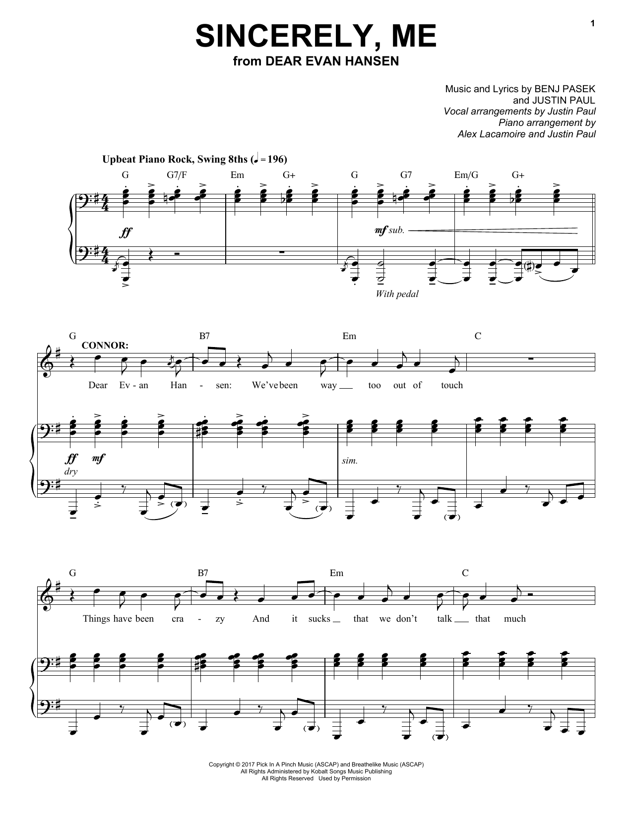 Download Pasek & Paul Sincerely, Me (from Dear Evan Hansen) Sheet Music and learn how to play Piano & Vocal PDF digital score in minutes