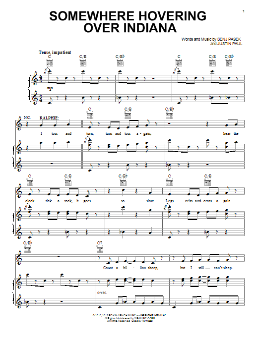 Download Pasek and Paul Somewhere Hovering Over Indiana Sheet Music and learn how to play Piano, Vocal & Guitar (Right-Hand Melody) PDF digital score in minutes