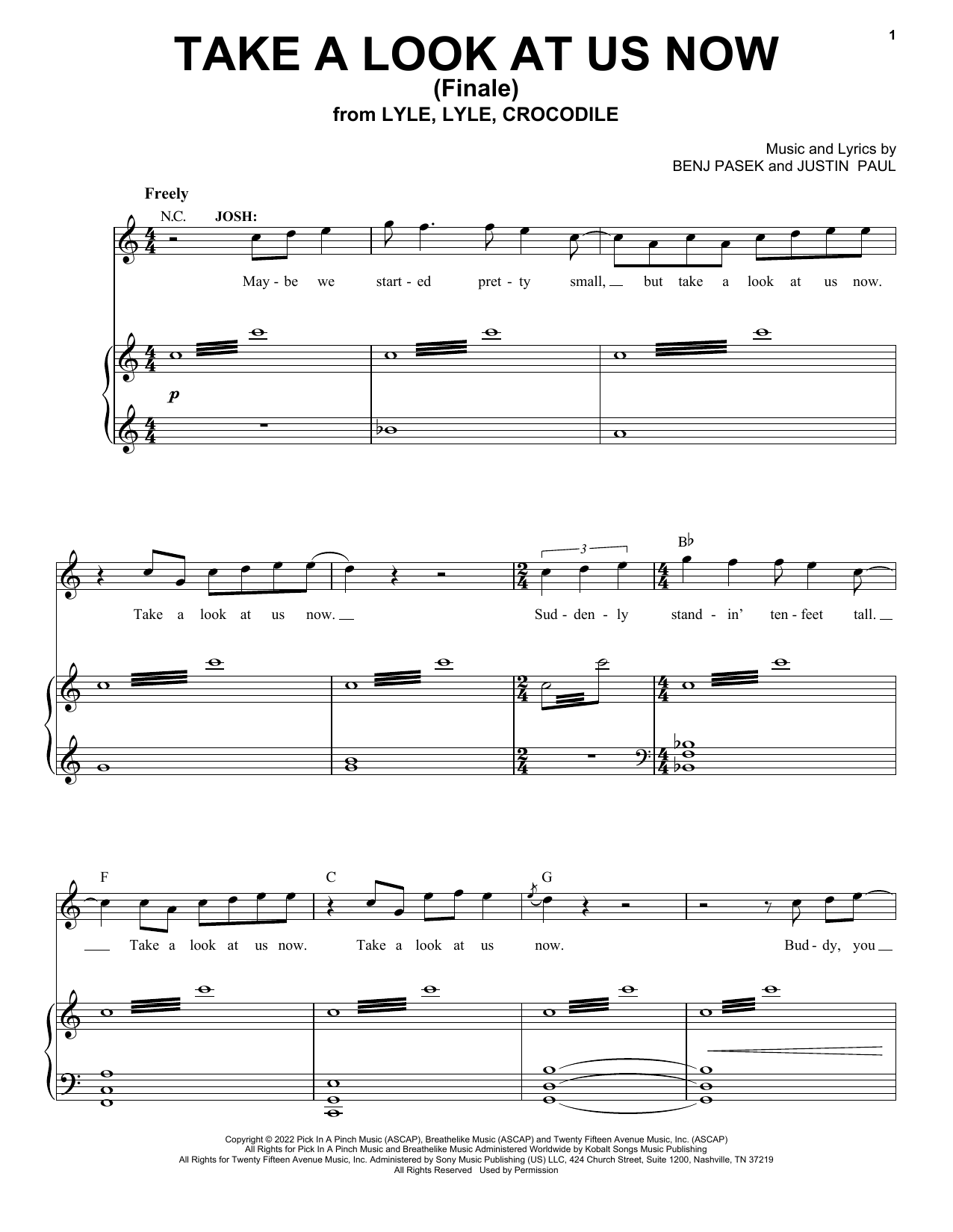 Download Pasek & Paul Take A Look At Us Now (Finale) (from Lyle, Lyle, Crocodile) Sheet Music and learn how to play Piano, Vocal & Guitar Chords (Right-Hand Melody) PDF digital score in minutes