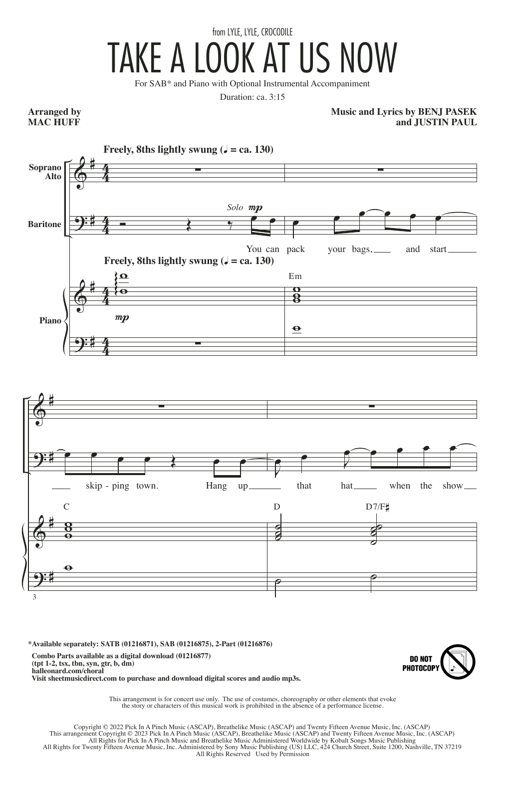 Download Pasek & Paul Take A Look At Us Now (from Lyle, Lyle, Crocodile) (arr. Mac Huff) Sheet Music and learn how to play SAB Choir PDF digital score in minutes