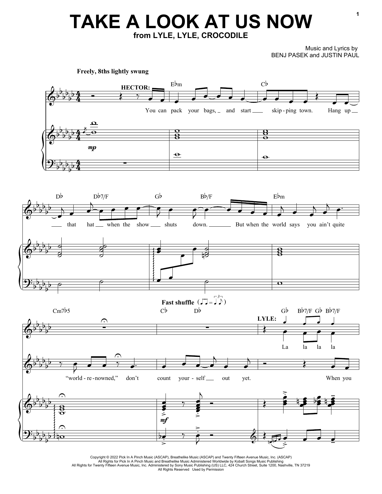 Download Pasek & Paul Take A Look At Us Now (from Lyle, Lyle, Crocodile) Sheet Music and learn how to play Piano, Vocal & Guitar Chords (Right-Hand Melody) PDF digital score in minutes