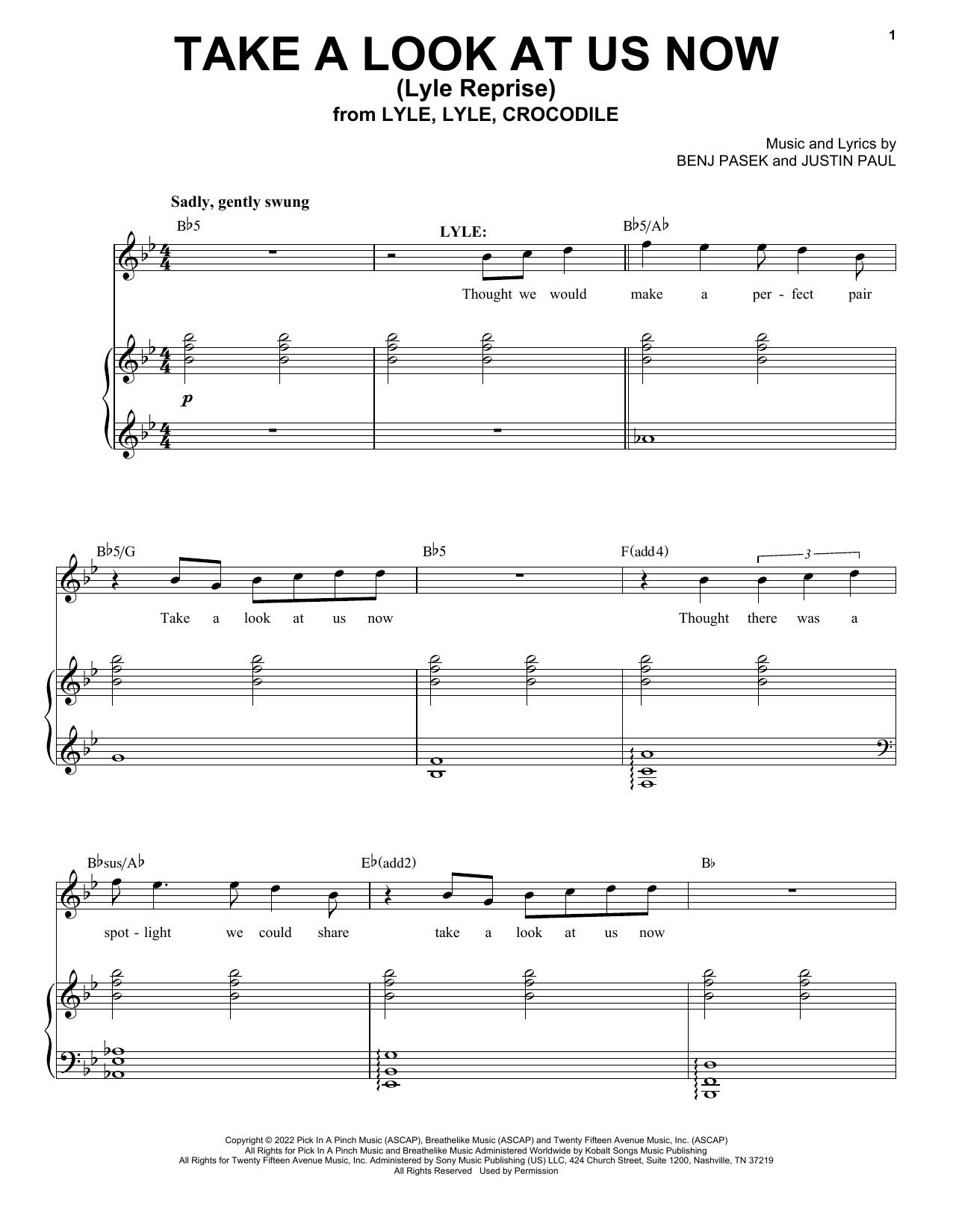 Download Pasek & Paul Take A Look At Us Now (Lyle Reprise) (from Lyle, Lyle, Crocodile) Sheet Music and learn how to play Piano, Vocal & Guitar Chords (Right-Hand Melody) PDF digital score in minutes
