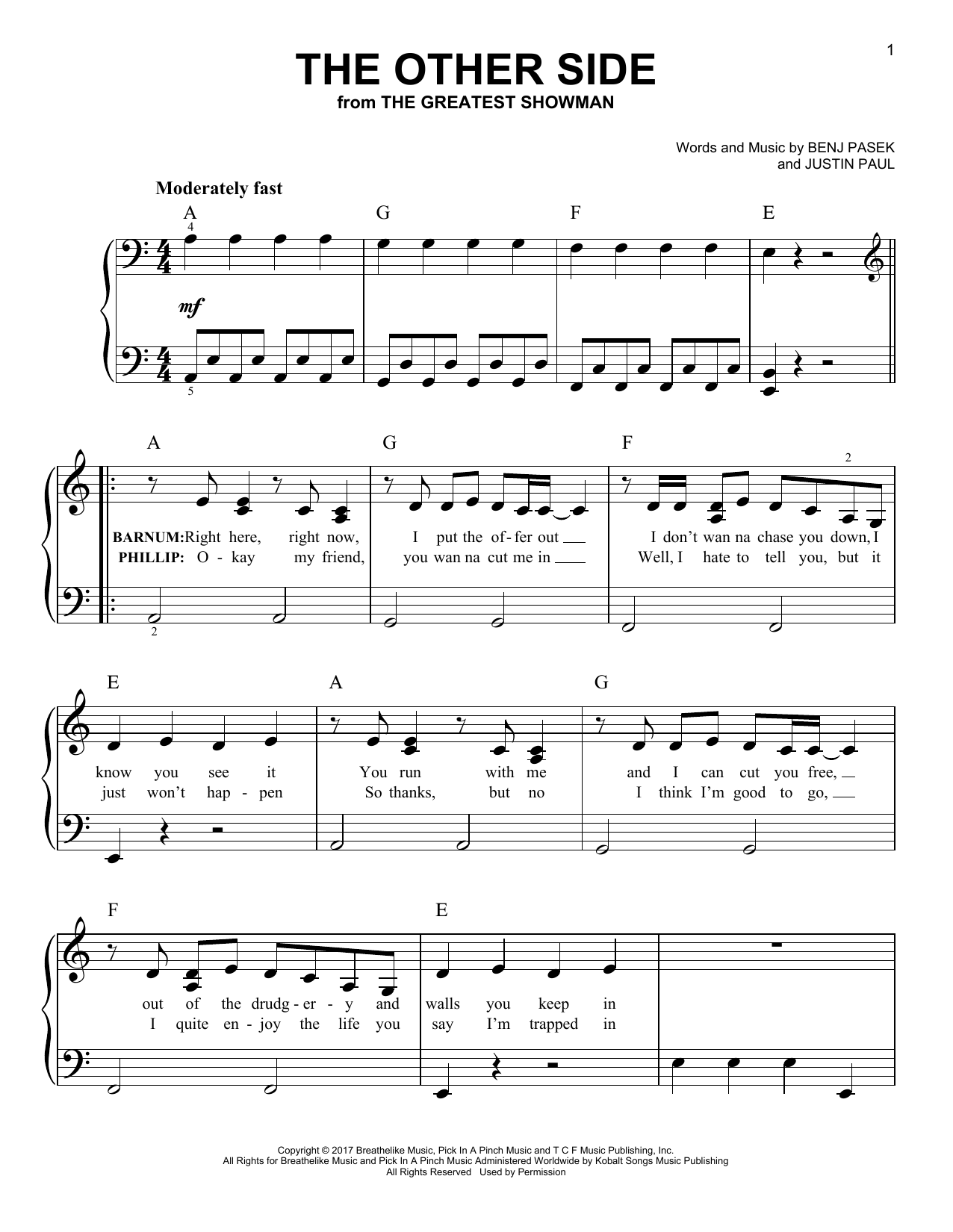Download Pasek & Paul The Other Side (from The Greatest Showman) Sheet Music and learn how to play Easy Piano PDF digital score in minutes