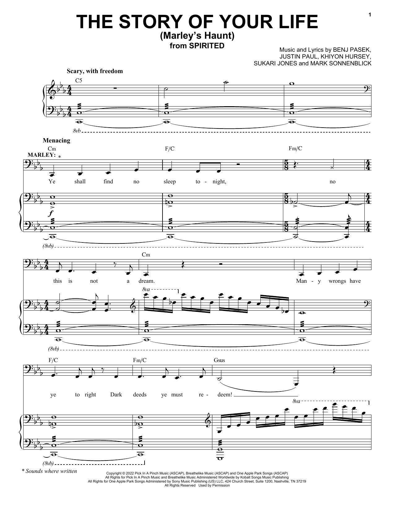 Download Pasek & Paul The Story Of Your Life (Marley's Haunt) (from Spirited) Sheet Music and learn how to play Piano & Vocal PDF digital score in minutes