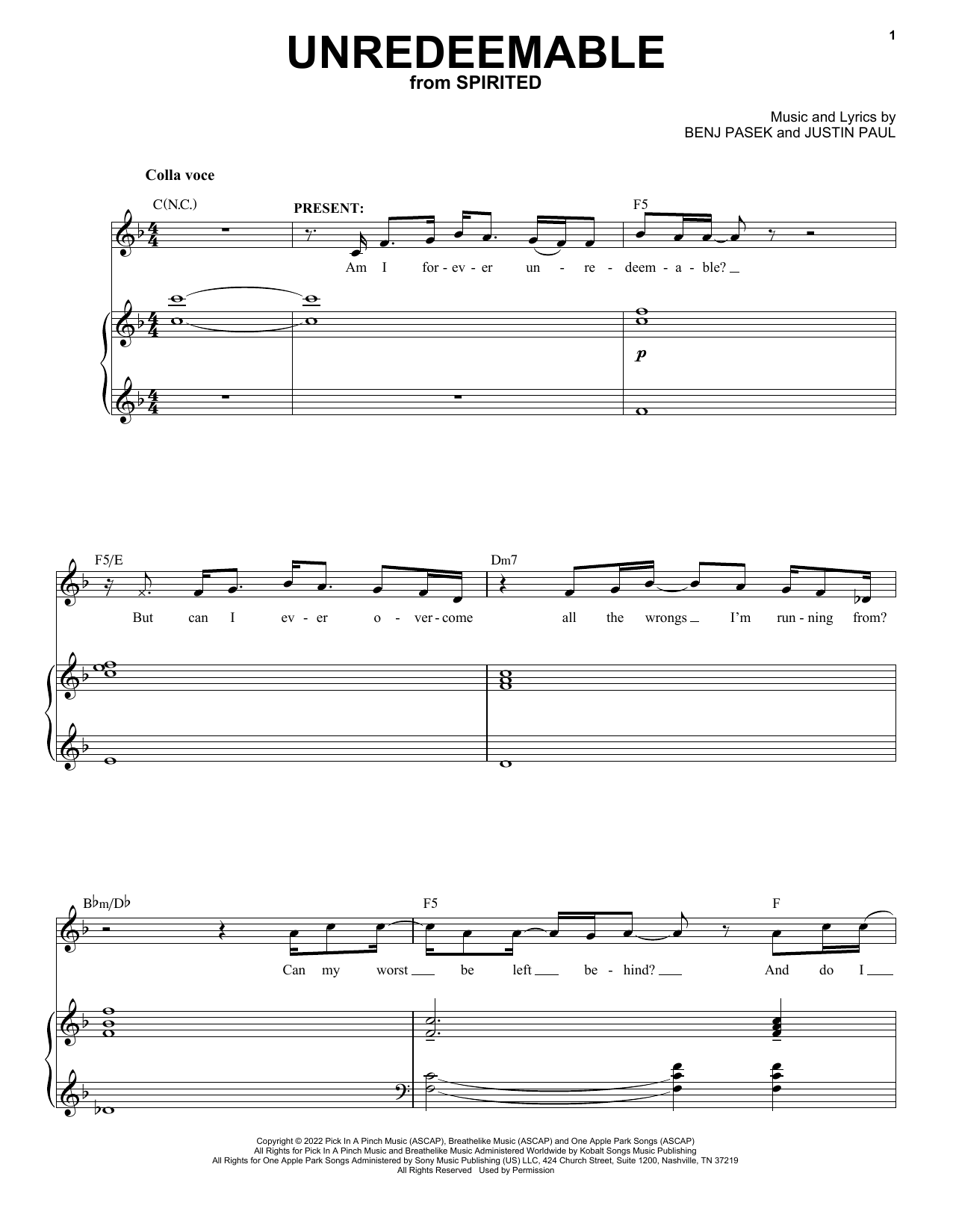 Download Pasek & Paul Unredeemable (from Spirited) Sheet Music and learn how to play Piano & Vocal PDF digital score in minutes