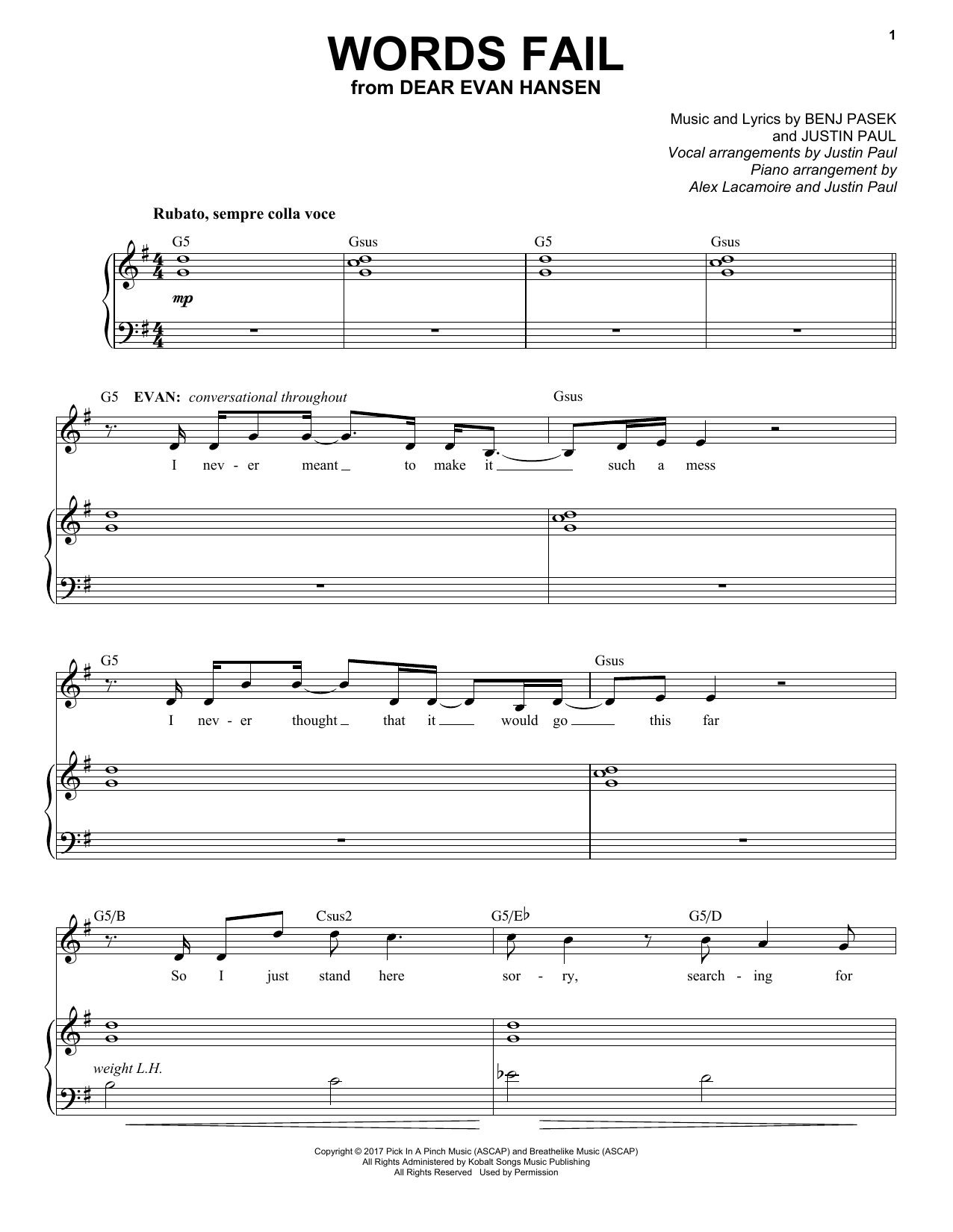 Download Pasek & Paul Words Fail (from Dear Evan Hansen) Sheet Music and learn how to play Guitar Chords/Lyrics PDF digital score in minutes