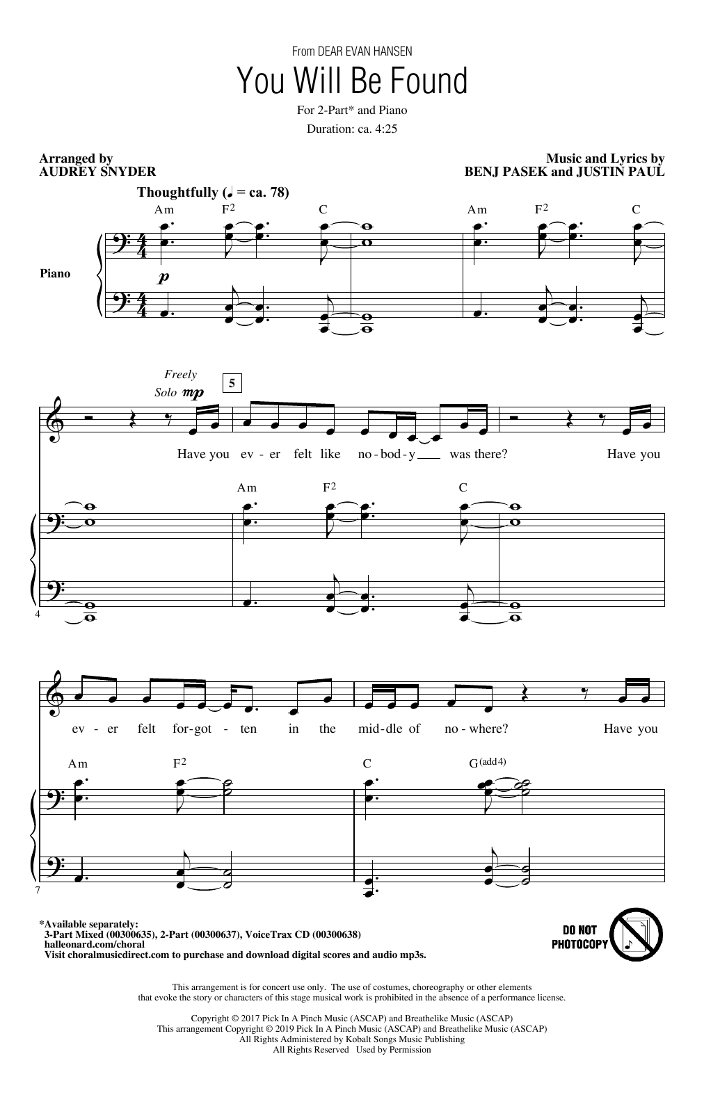 Download Pasek & Paul You Will Be Found (from Dear Evan Hansen) (arr. Audrey Snyder) Sheet Music and learn how to play 2-Part Choir PDF digital score in minutes