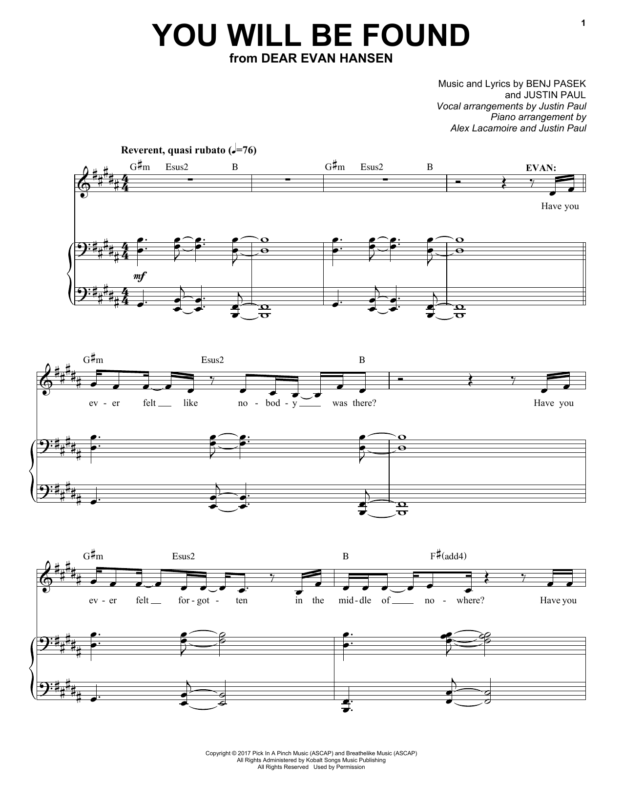 Download Pasek & Paul You Will Be Found Sheet Music and learn how to play Piano & Vocal PDF digital score in minutes