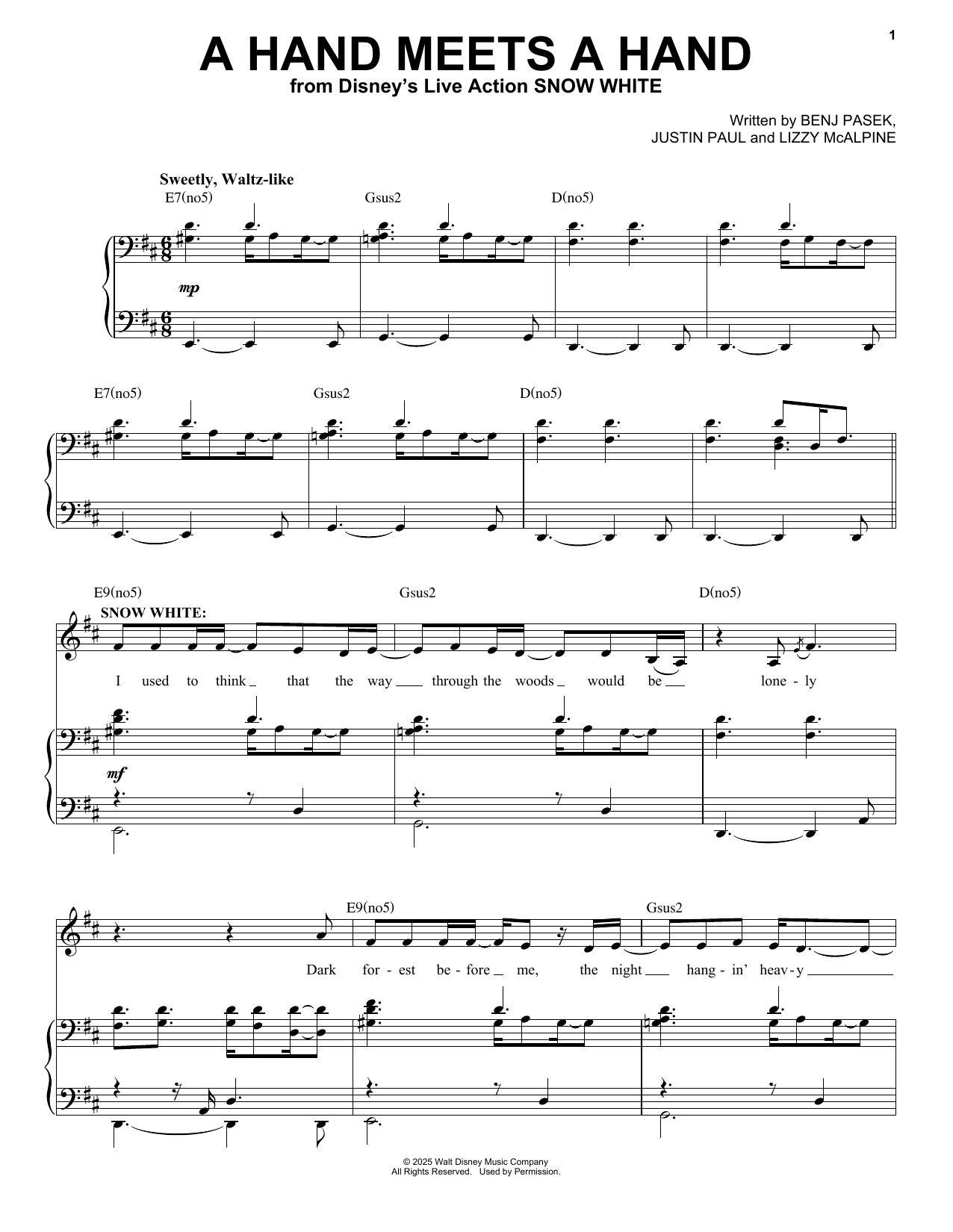 Download Pasek & Paul A Hand Meets A Hand (from Snow White) (2025) Sheet Music and learn how to play Piano & Vocal PDF digital score in minutes