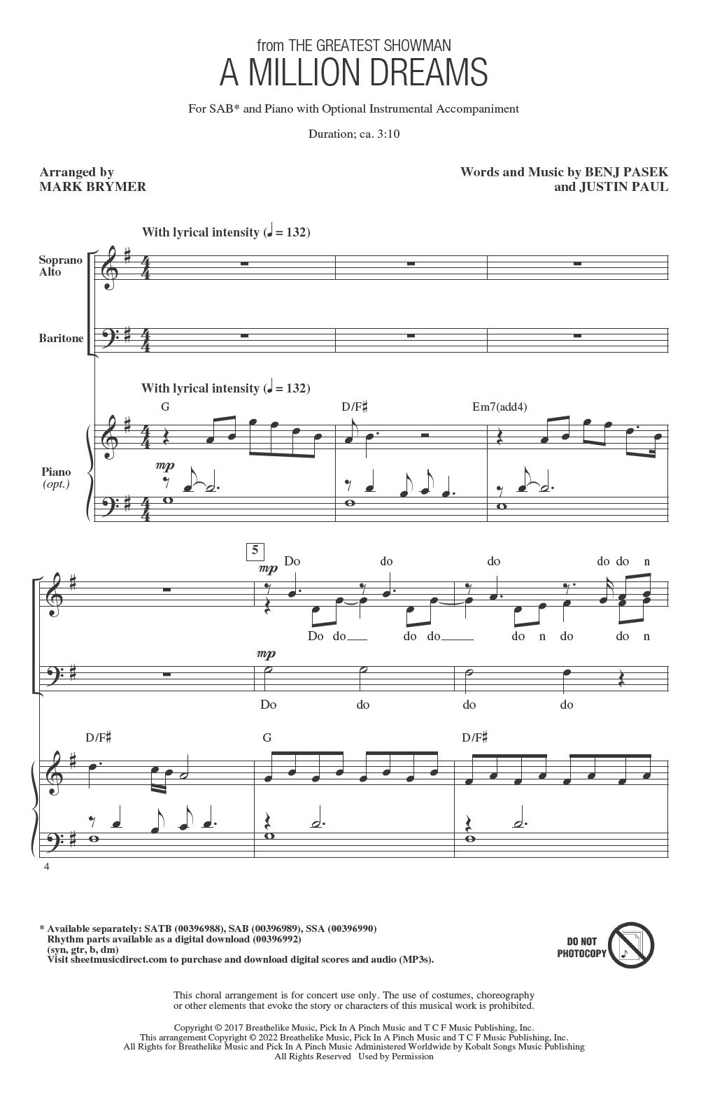 Download Pasek & Paul A Million Dreams (from The Greatest Showman) (arr. Mark Brymer) Sheet Music and learn how to play SAB Choir PDF digital score in minutes