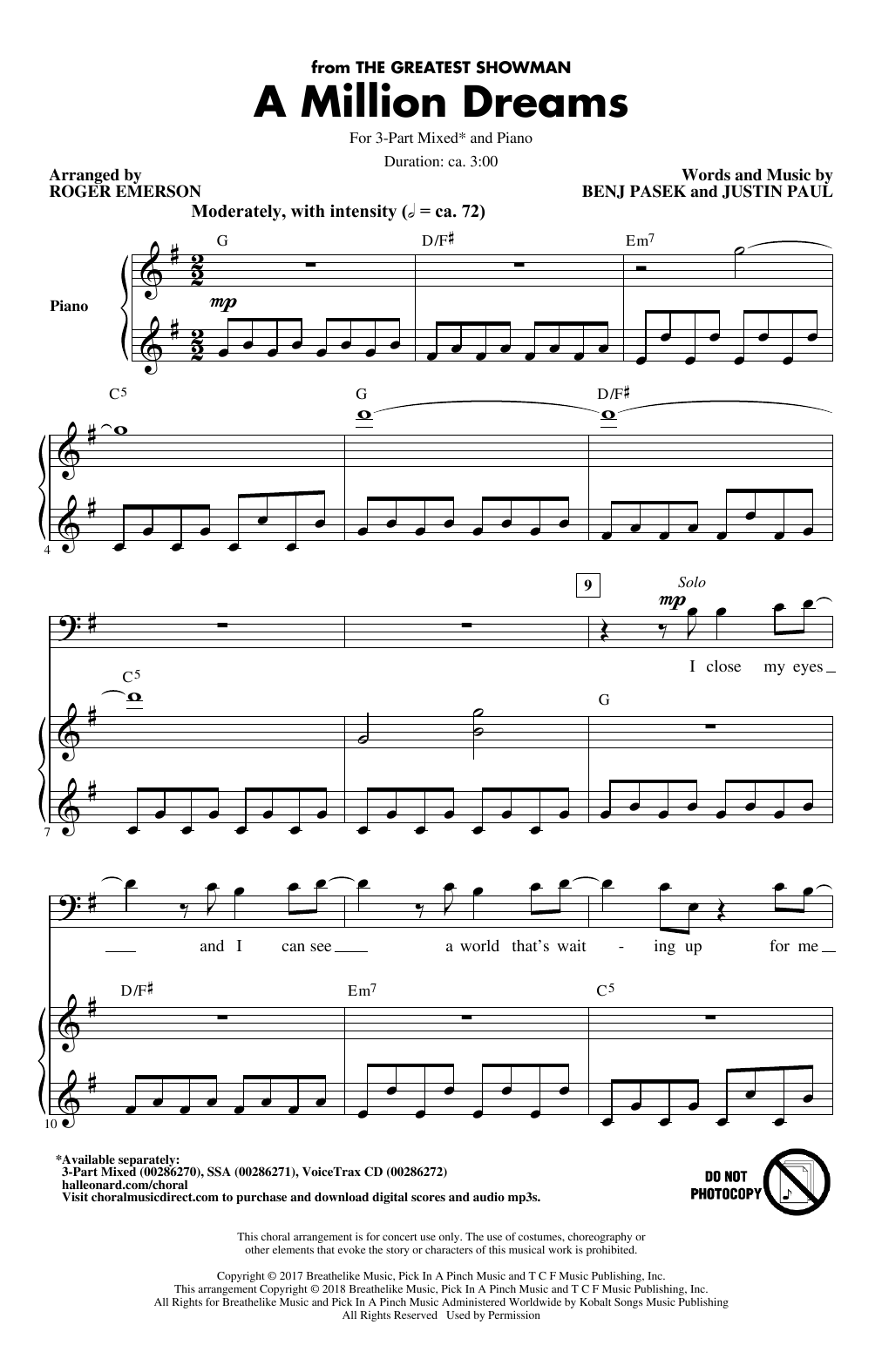 Download Pasek & Paul A Million Dreams (from The Greatest Showman) (arr. Roger Emerson) Sheet Music and learn how to play 3-Part Mixed Choir PDF digital score in minutes
