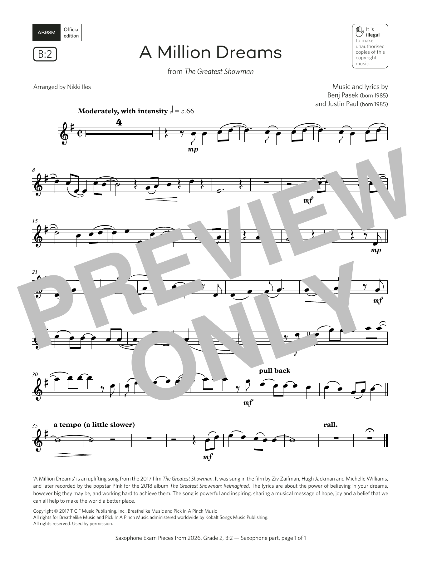 Download Pasek & Paul A Million Dreams (Grade 2, list B2, from the ABRSM Saxophone Syllabus from 2026) Sheet Music and learn how to play Alto Sax Solo PDF digital score in minutes
