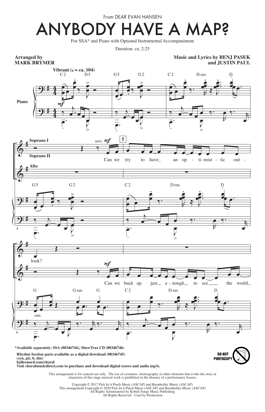 Download Pasek & Paul Anybody Have A Map? (from Dear Evan Hansen) (arr. Mark Brymer) Sheet Music and learn how to play SSA Choir PDF digital score in minutes