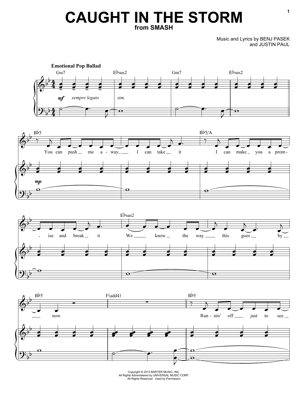 Download Pasek & Paul Caught In The Storm (from Smash) Sheet Music and learn how to play Piano & Vocal PDF digital score in minutes