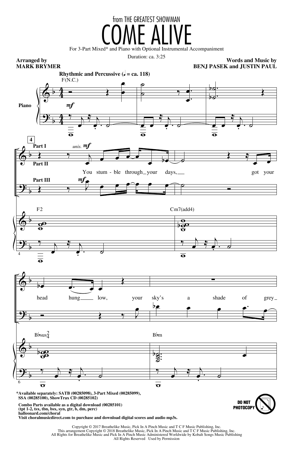 Download Pasek & Paul Come Alive (from The Greatest Showman) (arr. Mark Brymer) Sheet Music and learn how to play 3-Part Mixed Choir PDF digital score in minutes