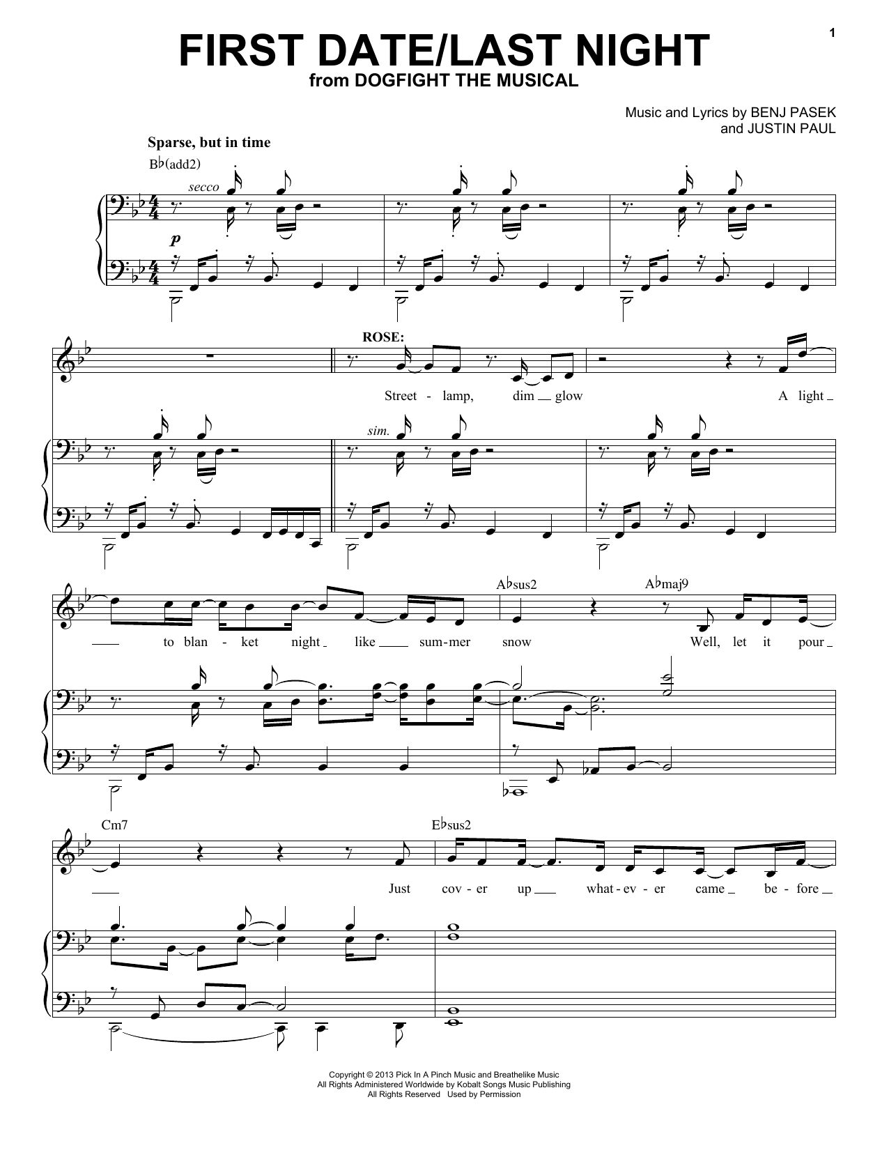 Download Pasek & Paul First Date/Last Night (from Dogfight) Sheet Music and learn how to play Piano & Vocal PDF digital score in minutes