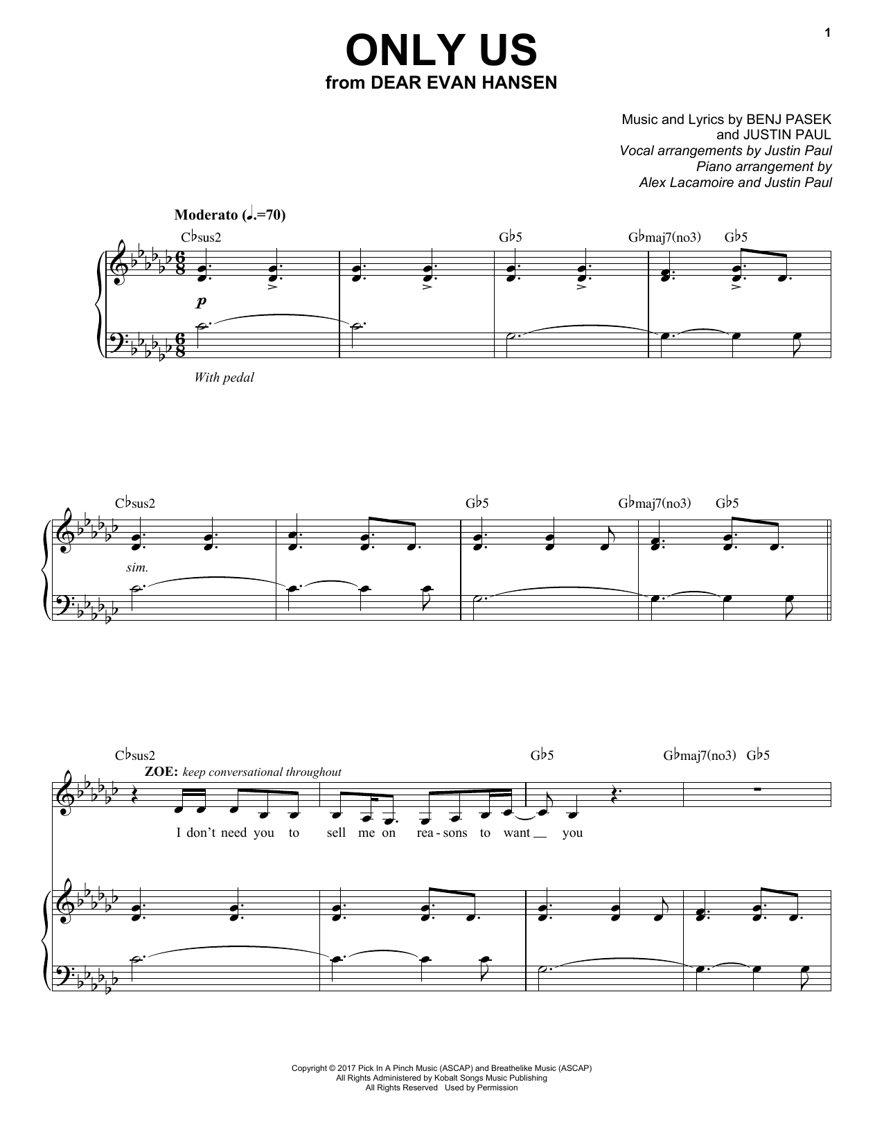 Download Pasek & Paul Only Us (from Dear Evan Hansen) Sheet Music and learn how to play Piano & Vocal PDF digital score in minutes