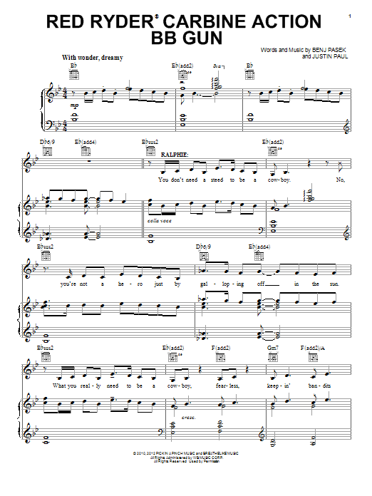 Download Pasek and Paul Red Ryder Carbine Action BB Gun Sheet Music and learn how to play Piano, Vocal & Guitar (Right-Hand Melody) PDF digital score in minutes