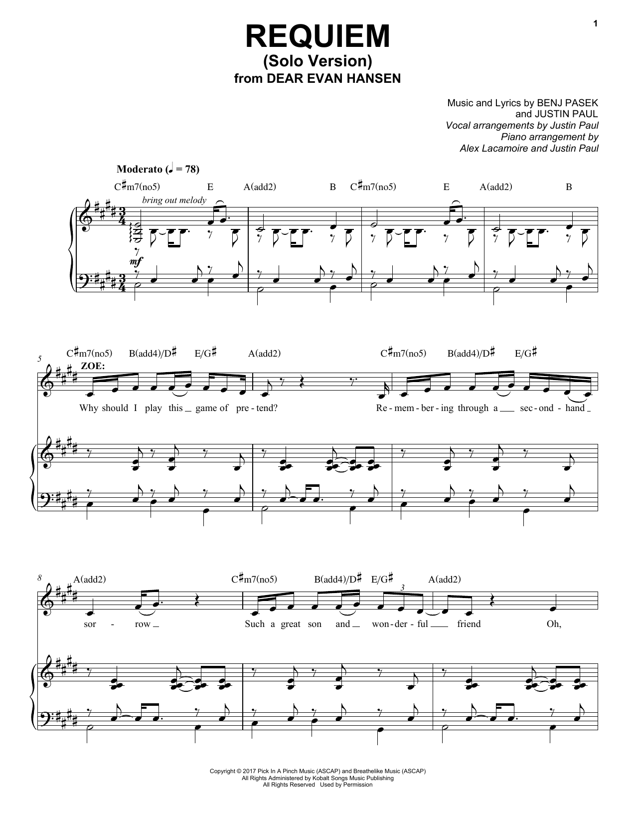Download Pasek & Paul Requiem (Solo Version) (from Dear Evan Hansen) Sheet Music and learn how to play Piano & Vocal PDF digital score in minutes