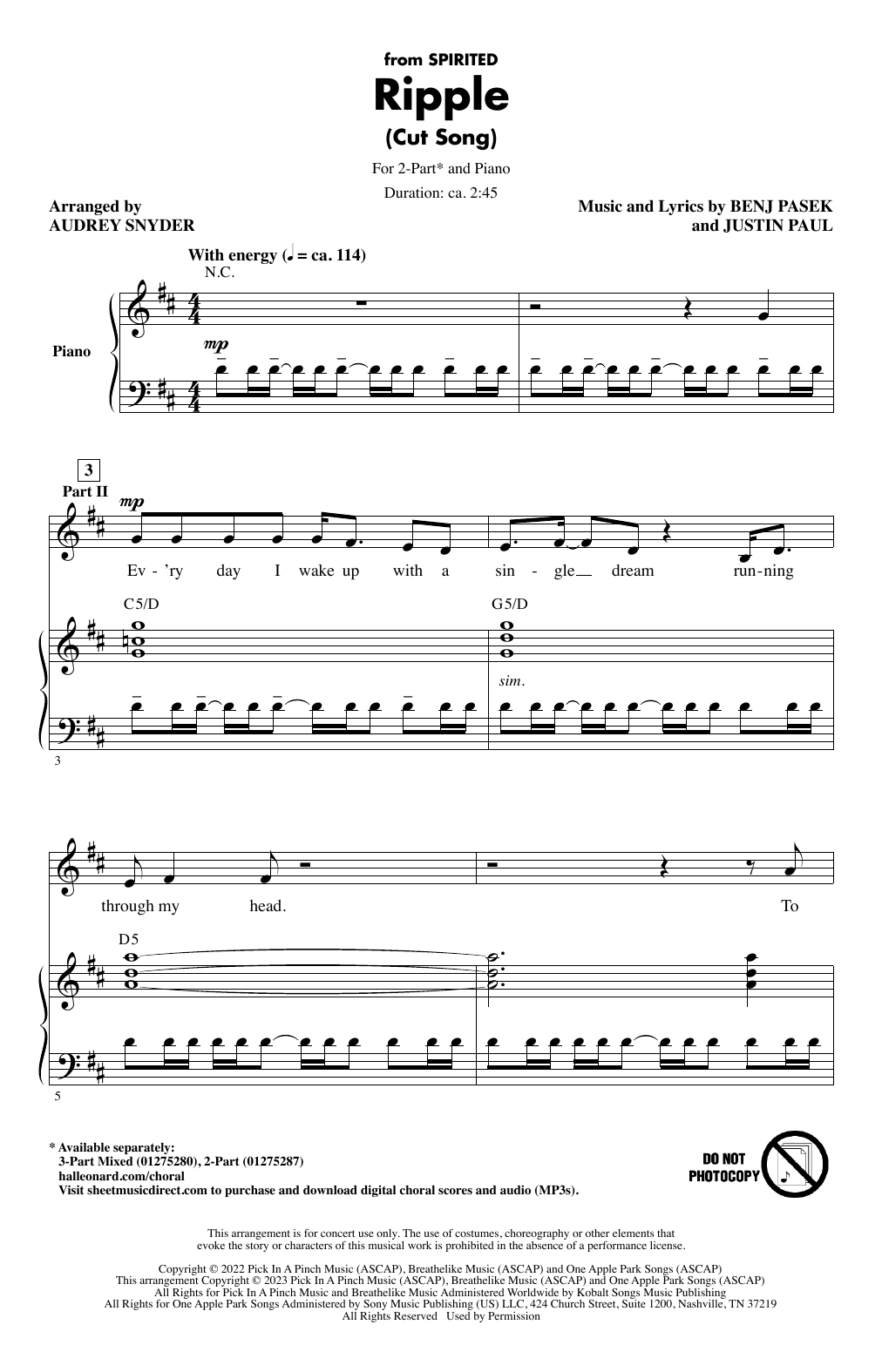 Download Pasek & Paul Ripple (Cut Song) (from Spirited) (arr. Audrey Snyder) Sheet Music and learn how to play 3-Part Mixed Choir PDF digital score in minutes