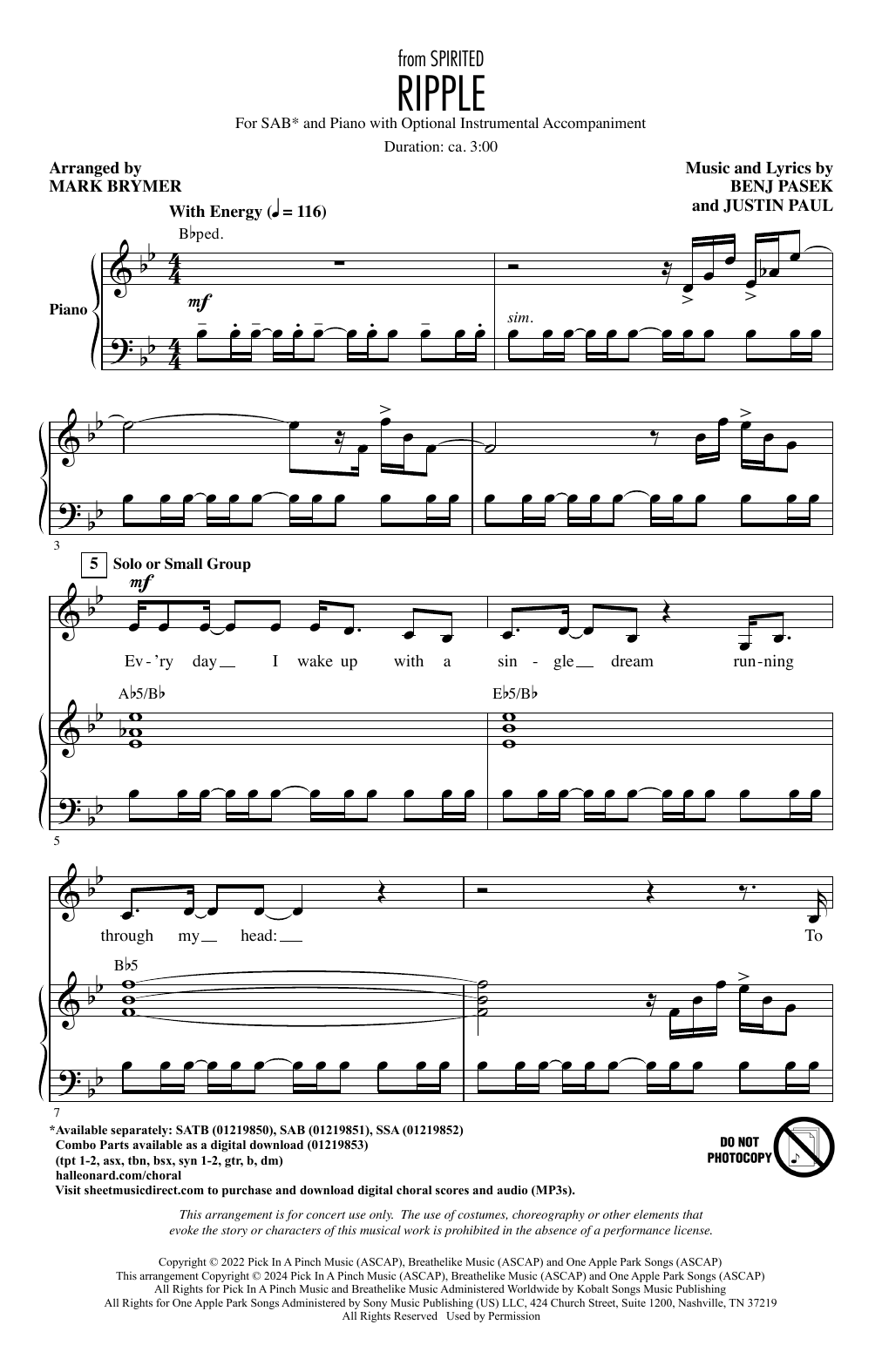 Download Pasek & Paul Ripple (Cut Song from Spirited) (arr. Mark Brymer) Sheet Music and learn how to play SAB Choir PDF digital score in minutes