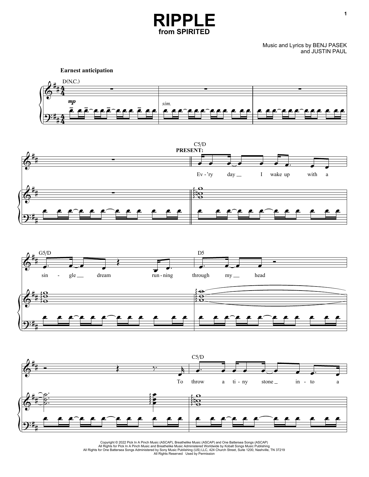Download Pasek & Paul Ripple (Cut Song) (from Spirited) Sheet Music and learn how to play Piano & Vocal PDF digital score in minutes