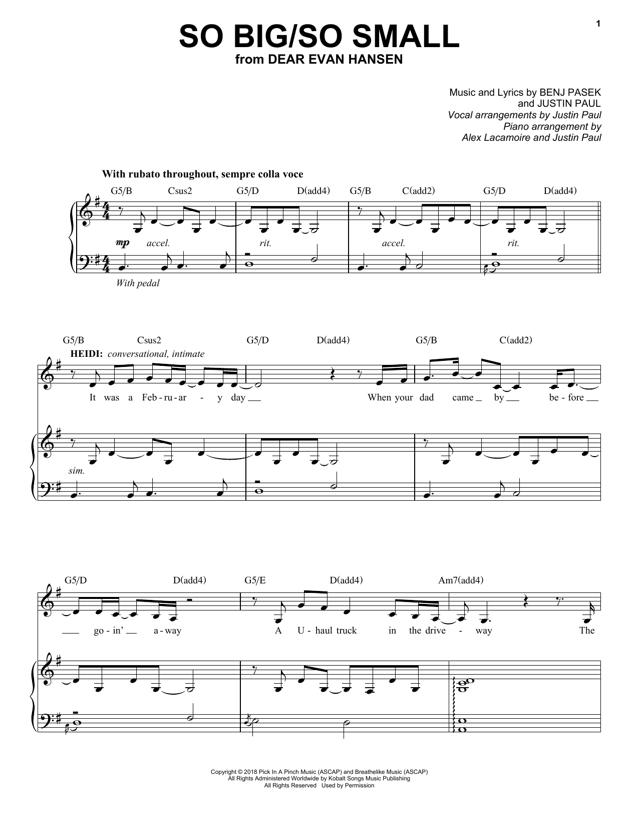 Download Pasek & Paul So Big/So Small (from Dear Evan Hansen) Sheet Music and learn how to play Piano, Vocal & Guitar Chords (Right-Hand Melody) PDF digital score in minutes