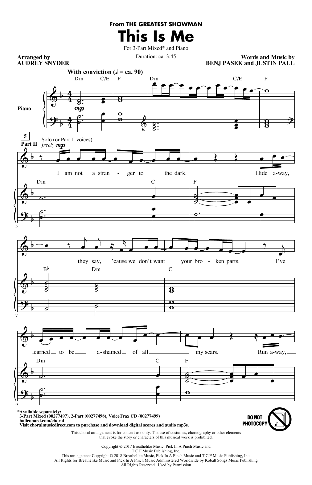 Download Pasek & Paul This Is Me (from The Greatest Showman) (arr. Audrey Snyder) Sheet Music and learn how to play 3-Part Mixed Choir PDF digital score in minutes