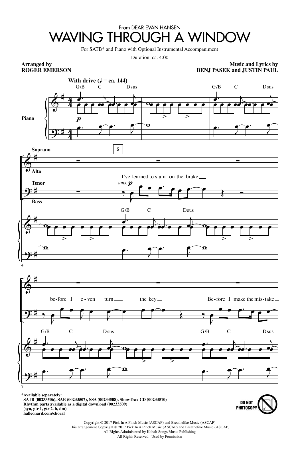 Download Roger Emerson Waving Through A Window Sheet Music and learn how to play SATB Choir PDF digital score in minutes