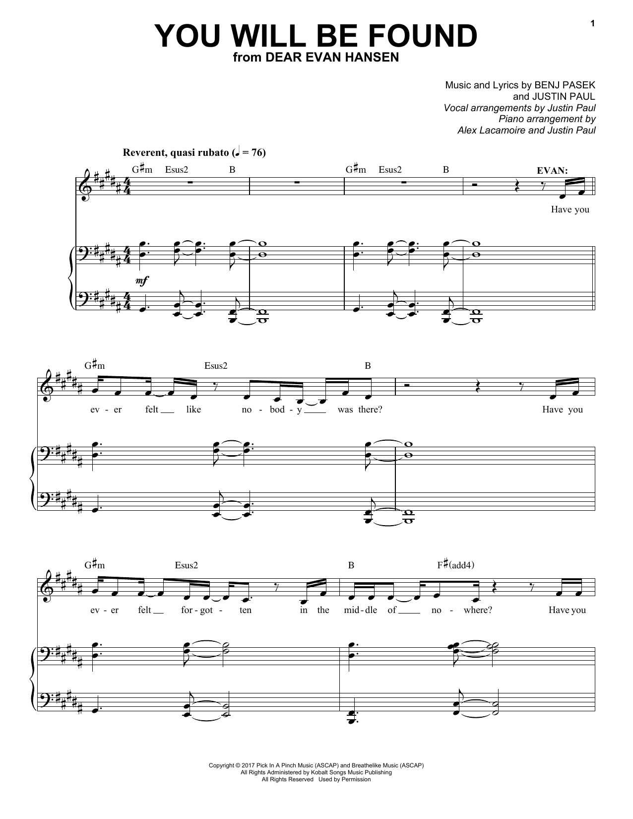 Download Pasek & Paul You Will Be Found Sheet Music and learn how to play Piano & Vocal PDF digital score in minutes